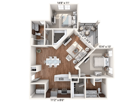 Floor plan for 2 beds, 2 baths, 1204 sqft